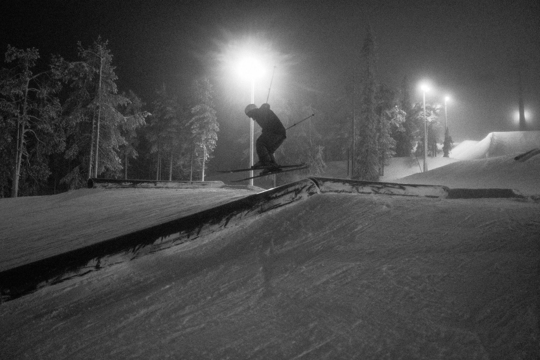 Black and white night ski campaign image from Dan Desaleux commercial work